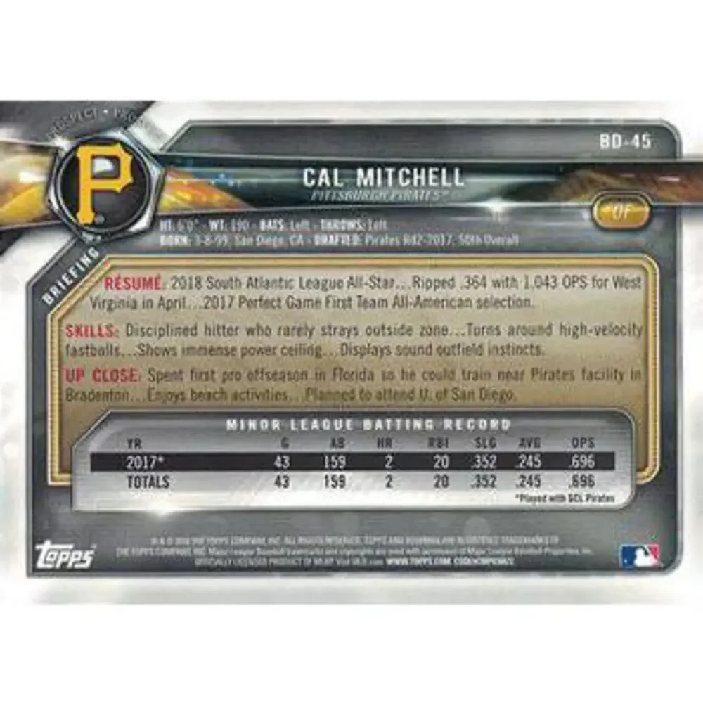 2018 Bowman Draft Cal Mitchell BD-45 Pittsburgh Pirates